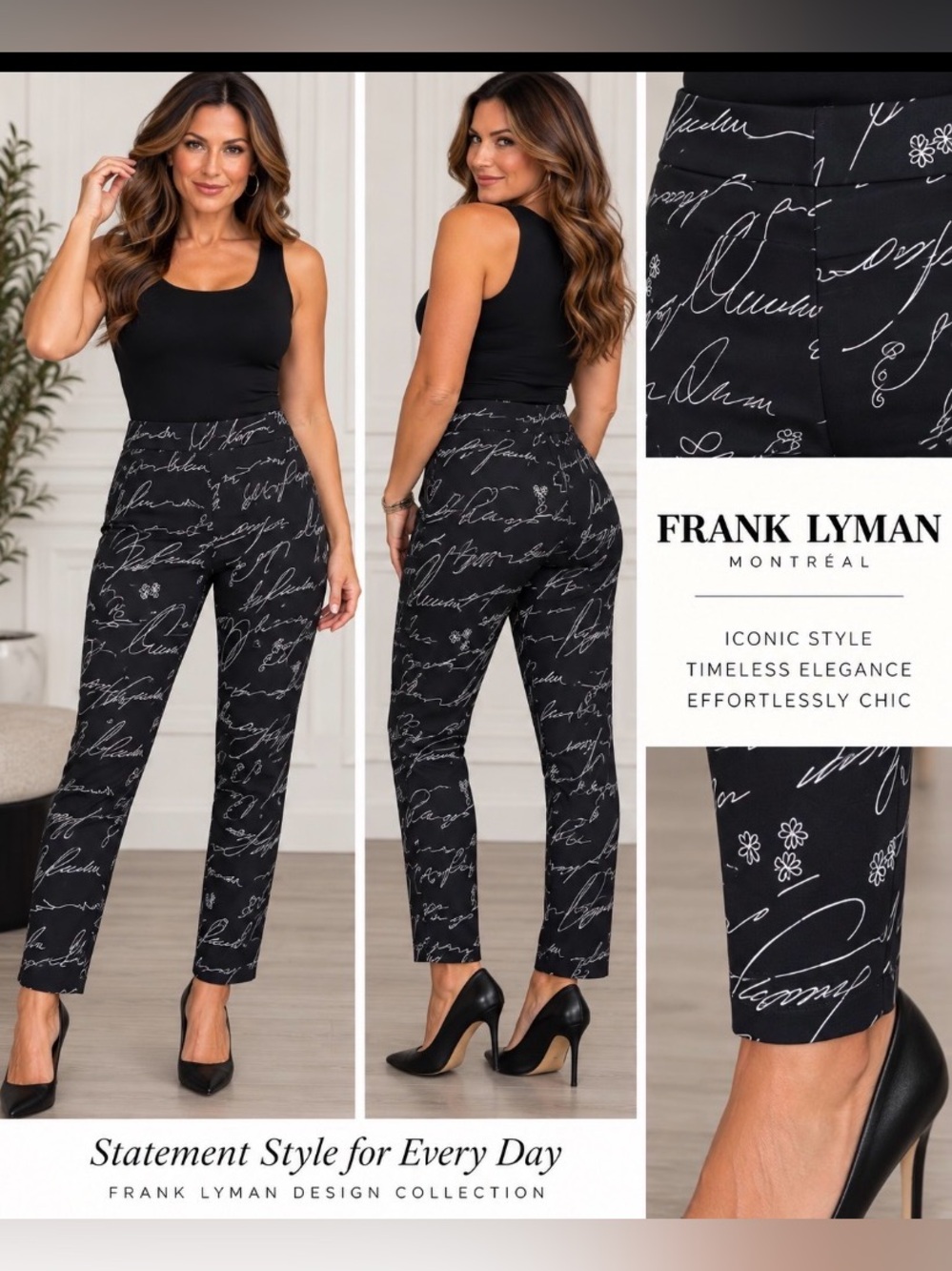 Frank Lyman Black White Script Print Pull-On Pants Size 10 Made Canada